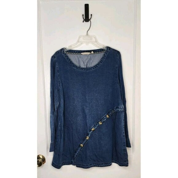 Size XL Soft Surroundings 100% Tencel Blue Chambray Button Detail Blouse Top - Picture 1 of 5
